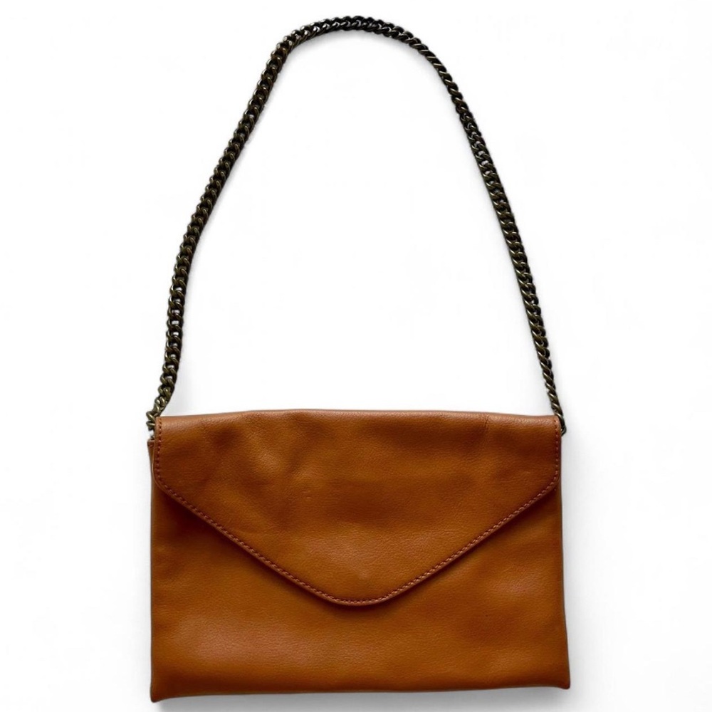 J.Crew Tan Envelope Purse with Metal Strap genuine leather excellent condition
